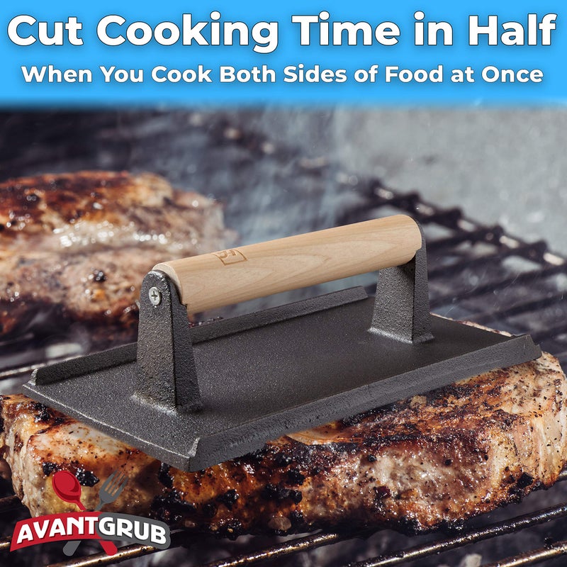 Avant Grub Pro Grade, Pre Seasoned Cast Iron Grill Weight 2Pk. Heavy Duty Steak and Burger Press with Wooden Handle for Grills, Griddles and Flattops. Perfect Gadget for Bacon, Paninis, Sandwiches and Vegetables - Image 3